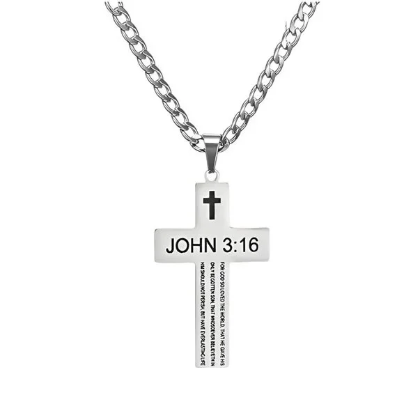 Stainless Steel Cross Necklace Engraved John 3:16 Classic Faith Jewelry Gift - Picture 1 of 7